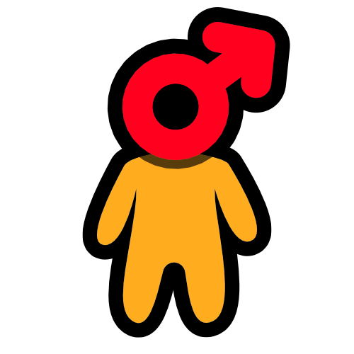 a short yellow figure with a red mars sign for a head.